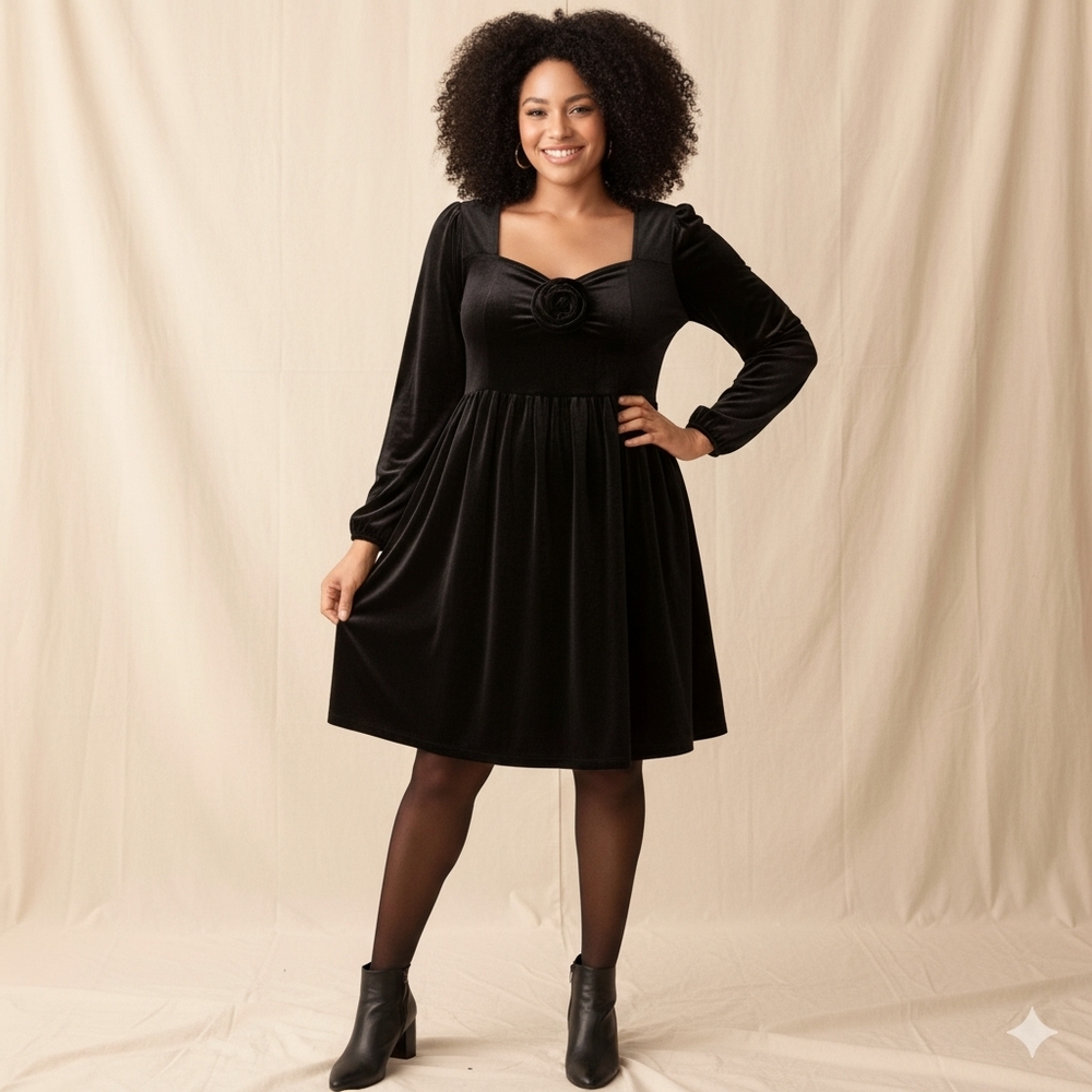 Ava & Viv Black Velvet Long Sleeve Sweetheart Neck With Pockets & Rose Dress